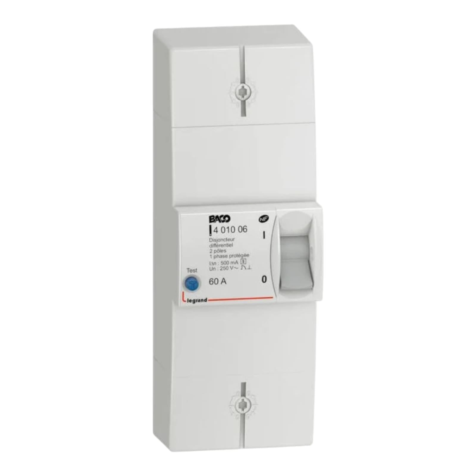 Disjoncteur de branchement Enedis bipolaire différentiel 500mA sélectif intensité non réglable 60A agréé NF C 62-411 