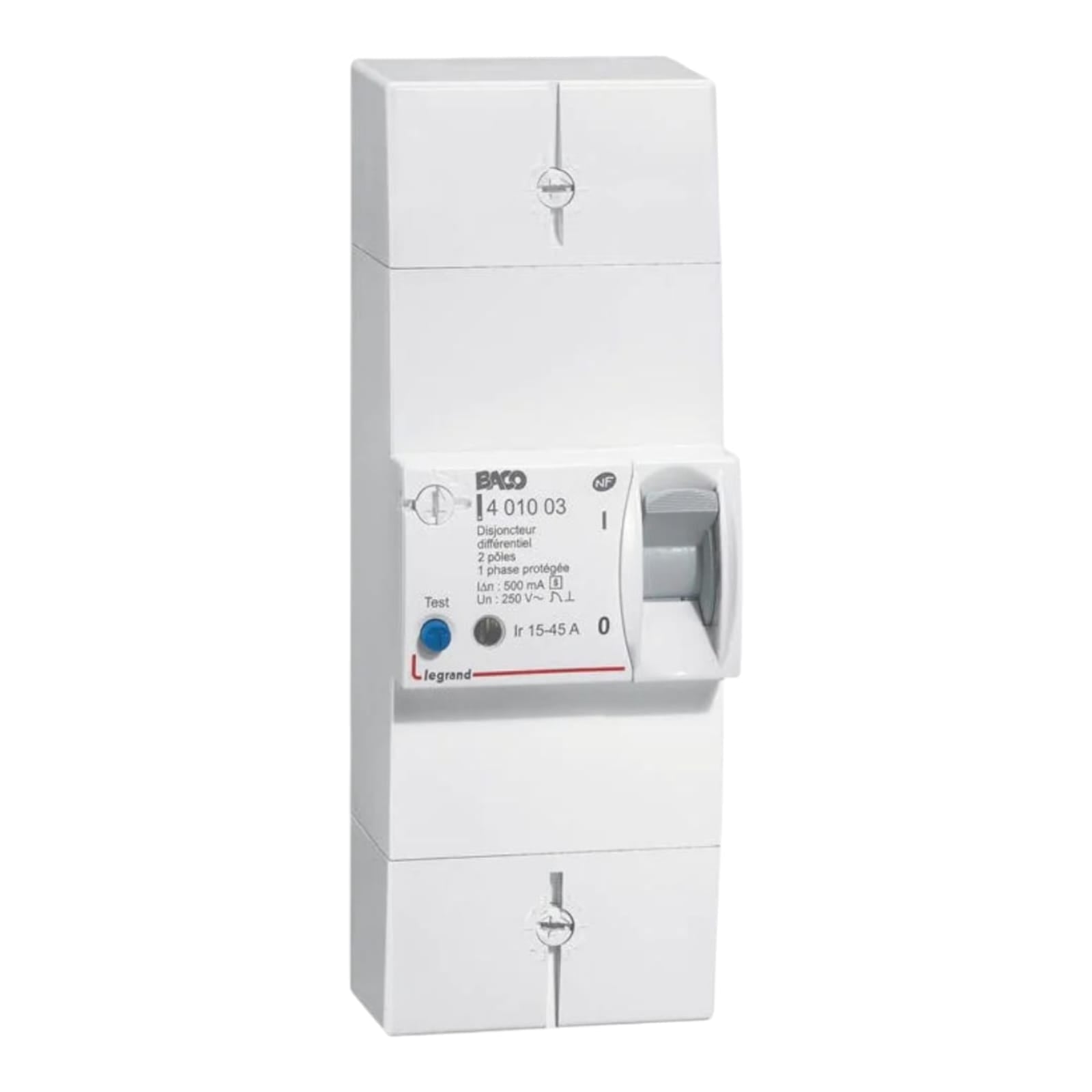 Disjoncteur de branchement Enedis bipolaire différentiel 500mA sélectif intensité nominale 45A et intensité réglable 15A, 30A ou 45A agréé NF C 62-411