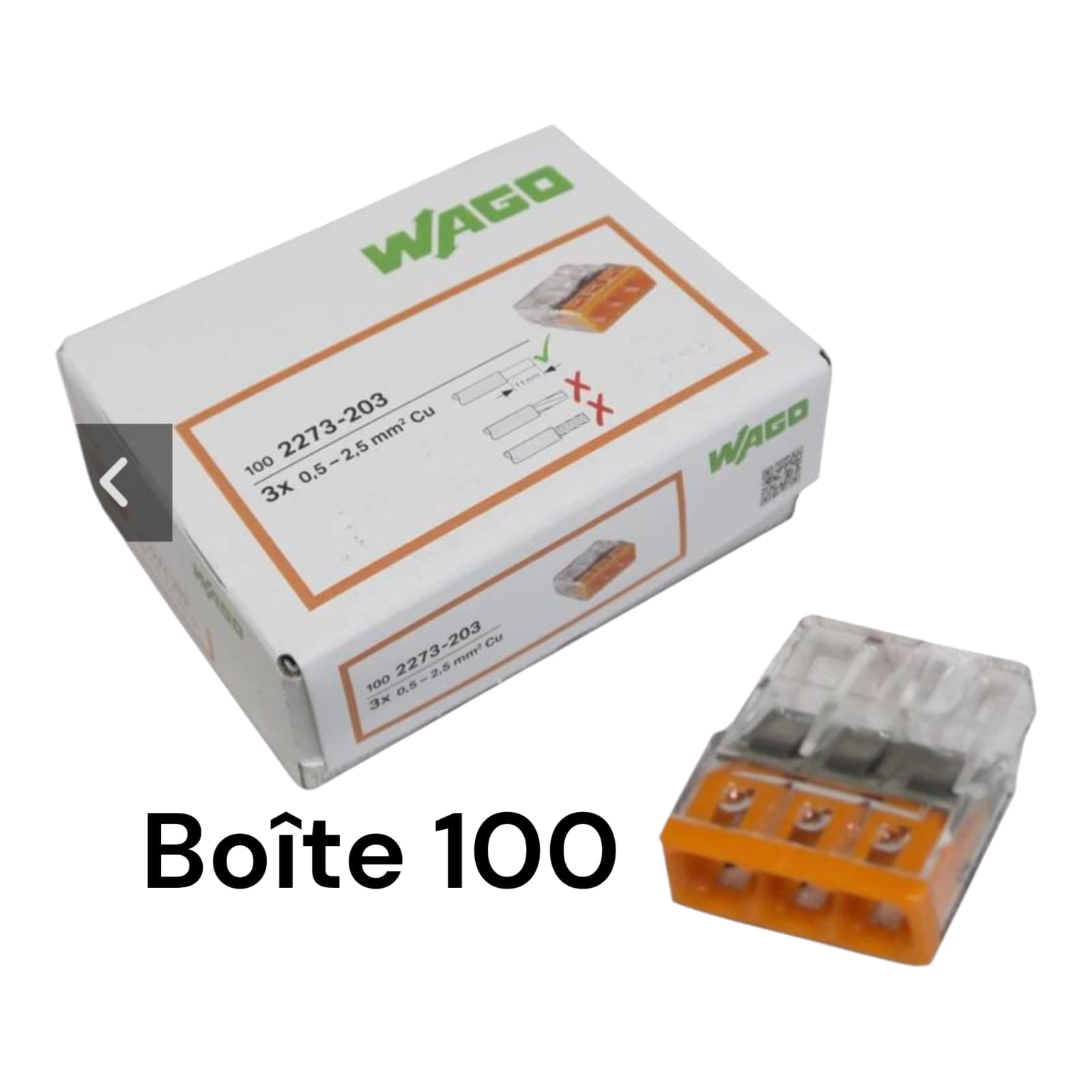 Boite de 100 Mini-bornes de connexion rapide pour 3 fils rigides de 0.5 mm² jusqu'à 2.5 mm² ( WAGO 2273-203 )