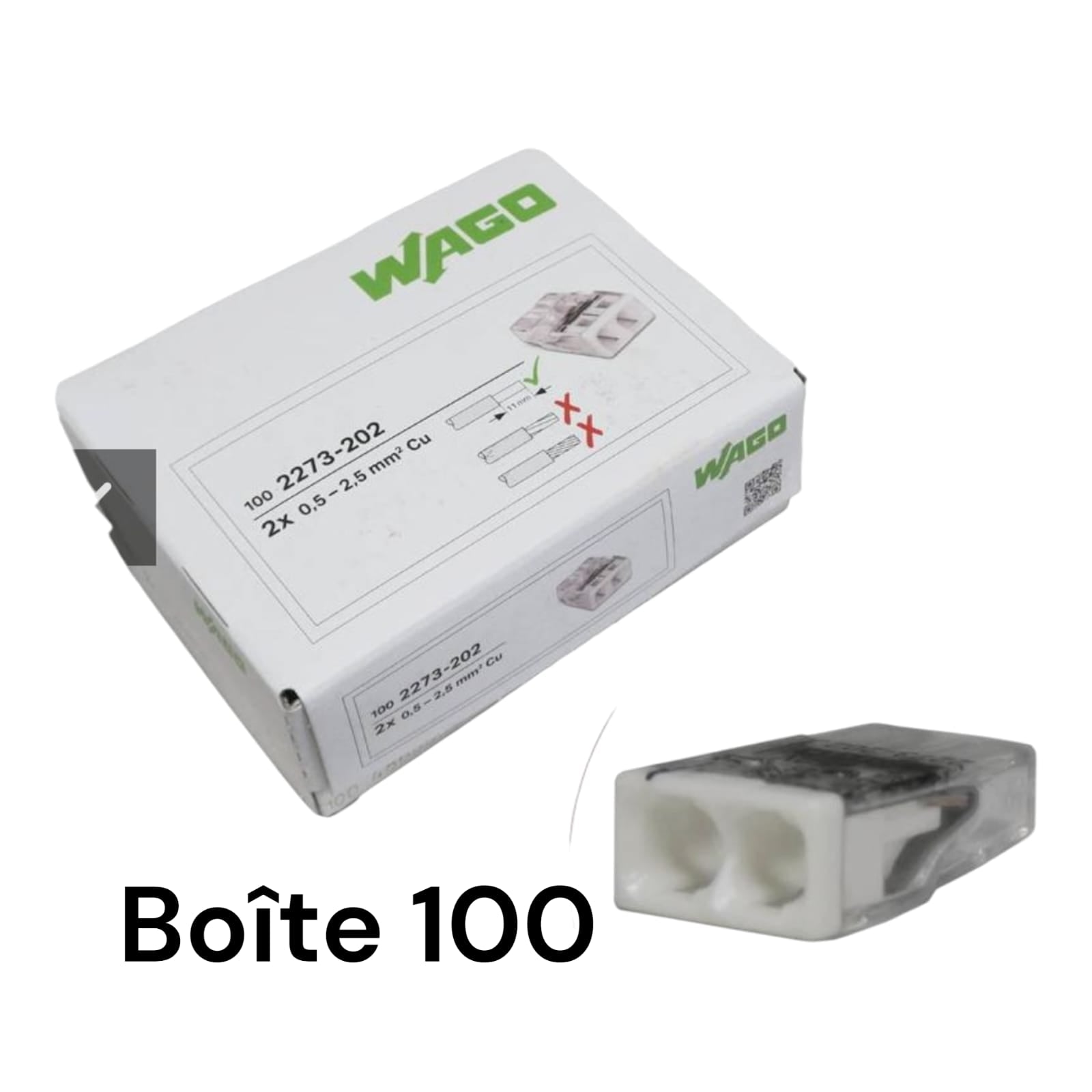 Boite de 100 Mini-bornes de connexion rapide pour 2 fils rigides de 0.5 mm² jusqu'à 2.5 mm² ( WAGO 2273-202 )