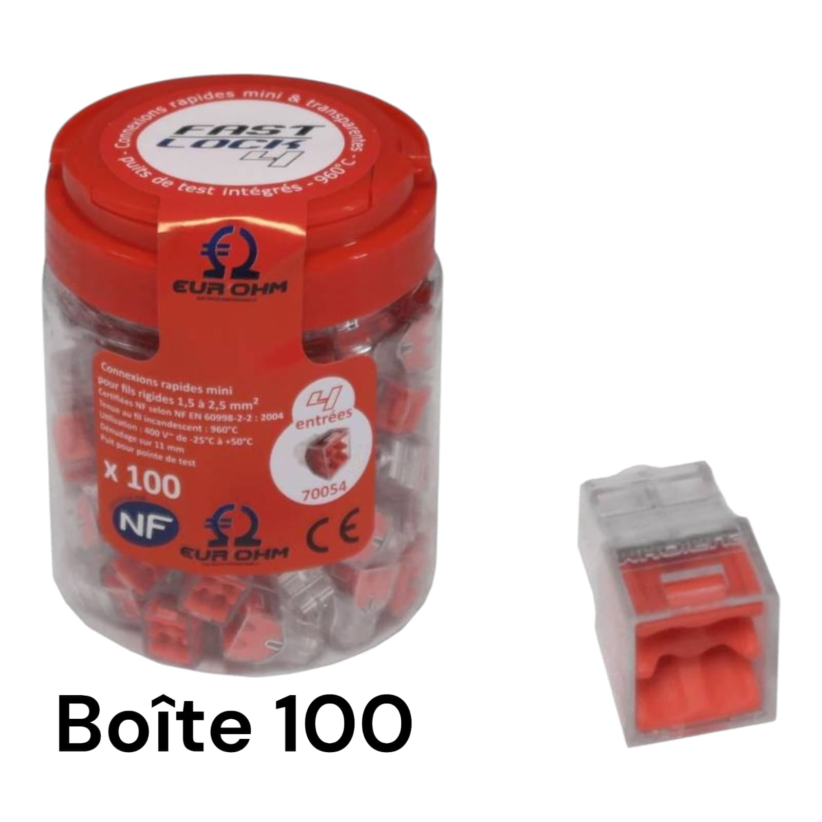 EUROHM Boîte de 100 bornes 4 entrées facilitent l’insertion des fils très rapidement, simplement.
Ces bornes de connexion rapide – 4 entrées de la marque Eur’ohm avec son design transparent rendent la mise en œuvre et l’insertion des fils très faciles.