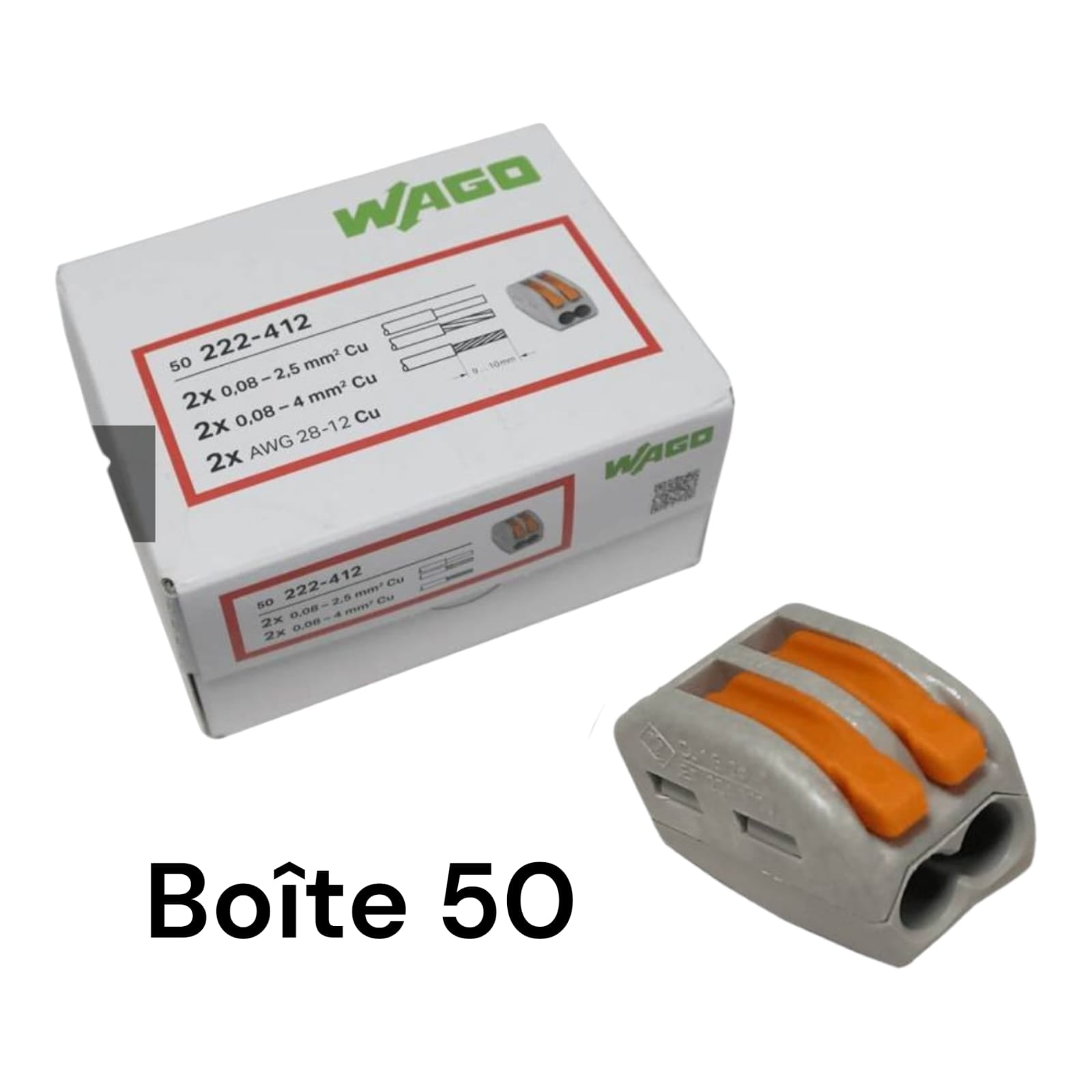 Boite de 50 Mini-bornes de connexion rapide à leviers pour 2 fils rigides et souples de 0.8 mm² jusqu'à 2,5 mm² ( WAGO 222-412 )