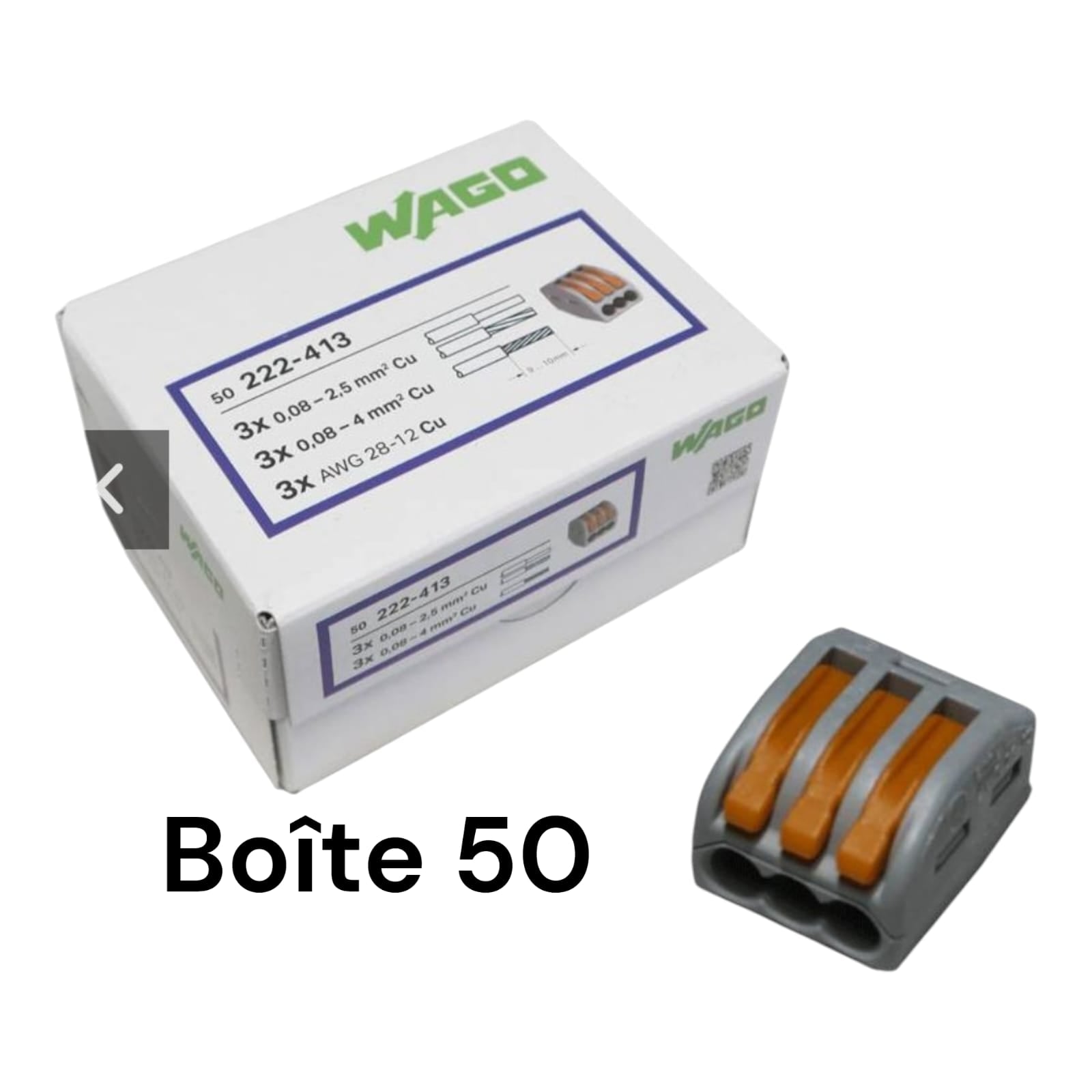 222-413 - BORNE WAGO GRIS FILS SOUPLE 3x4mm² (50 pièce)Boite de 50 Mini-bornes de connexion rapide à leviers pour 3 fils rigides et souples de 0.8 mm² jusqu'à 2,5 mm² ( WAGO 222-413 )