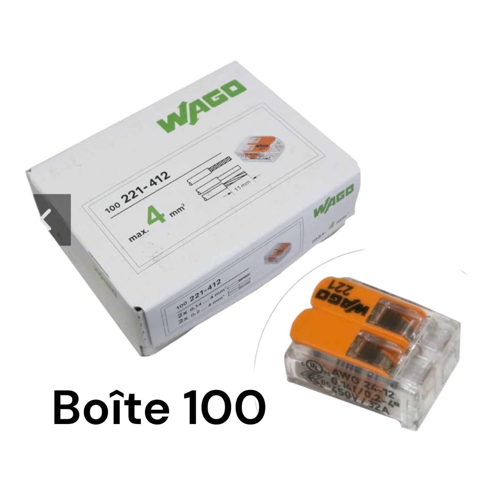 Bornes WAGO 221 à levier 2x4mm² - WAGO 221-412

Boite de 100 Mini-bornes de connexion rapide Série 221 pour 2 fils rigides et souples de 0.2 mm² jusqu'à 4 mm²